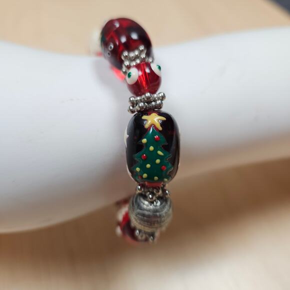 Vintage Lamp Work Glass Bead Stretch Bracelet Christmas Motif Holiday Anklet - Picture 5 of 6